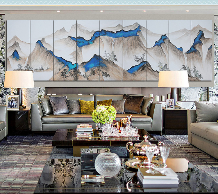 新中式會(huì)議室酒店山水風(fēng)景壁畫(huà) 大型高端定制巨幅手繪裝飾畫(huà) 南山