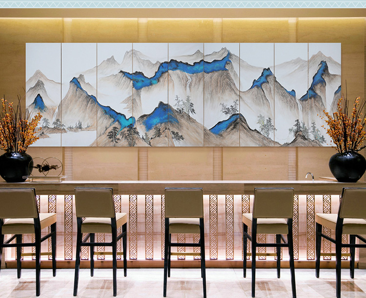 新中式會(huì)議室酒店山水風(fēng)景壁畫(huà) 大型高端定制巨幅手繪裝飾畫(huà) 南山