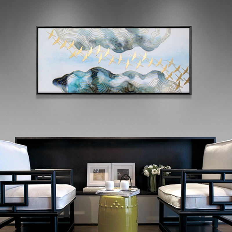 新中式客廳裝飾畫 餐廳原創(chuàng)純手繪金線畫 臥室環(huán)保PS框掛畫 遷徙