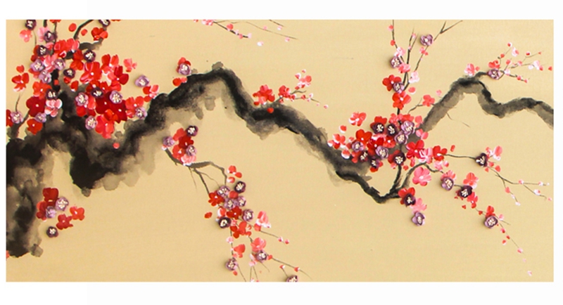 新中式客廳裝飾畫 臥室原創(chuàng)實物畫 玄關(guān)環(huán)保PS框掛畫 紅梅花兒開