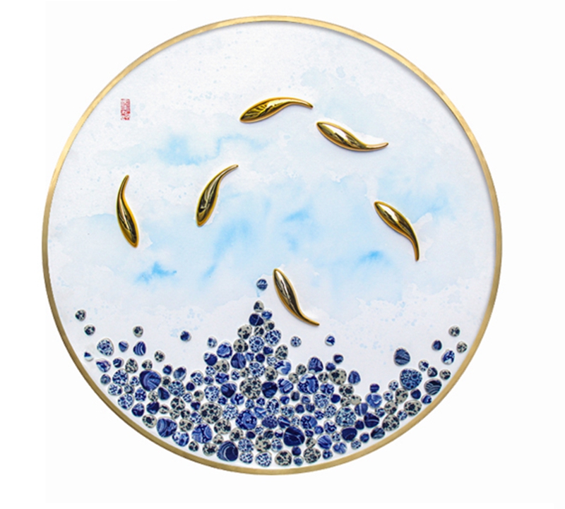 中式客廳裝飾畫 臥室實物畫 玄關(guān)不銹鋼金屬圓框掛畫 魚